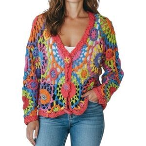 Y2K Vintage My Crochet Colorful Rainbow Cardigan Pink Orange Green Blue XL